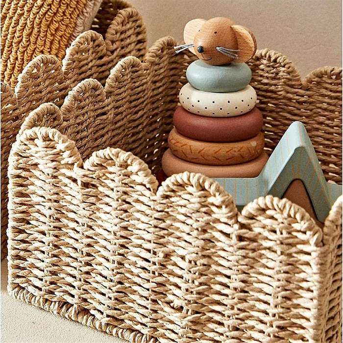 Scalloped Edge Basket, Wicker Storage Baskets, Handwoven Organizing Baskets for Shelves, Paper Rope