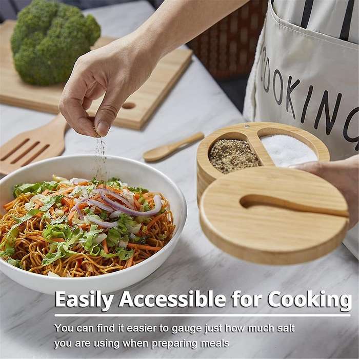 Seasoning Box with Swivel Lid Bamboo Salt Cellar with Lid and Spoon, 2-compartment Salt Pepper Bowl