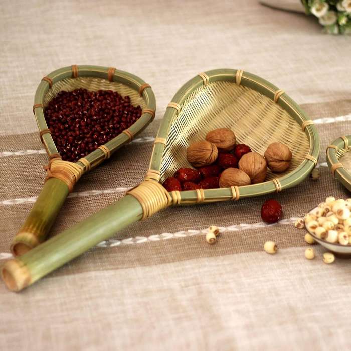 Set of 3 Bamboo Colander Sieve Sifters with Long Handle Handmade Braided Rice Colander Flour Spoon D