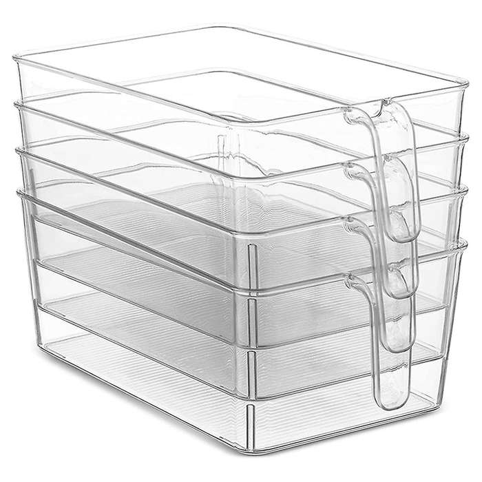 Set of 4 Clear Refrigerator Pantry Organizer Bins Household Plastic Food Storage Basket with Handles
