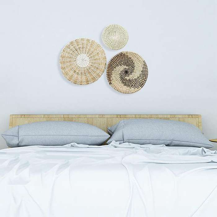 Set of 3 Wall Decor Wicker Baskets Natural Woven Seagrass Hanging Flat Baskets Ornament Boho Round B