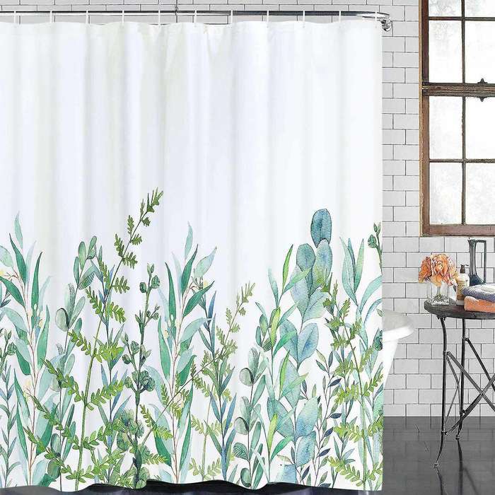 Shower Curtain with 12 Hooks Leaves Curtain Washable Textile Children Bathtub Digital Printing, 180