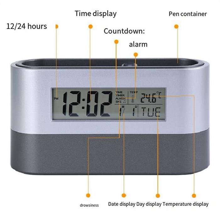 Silent Alarm Clock,Table Clock,Electronic Digital Pen Holder,Tools Name Card Holder,Calendar Tempera