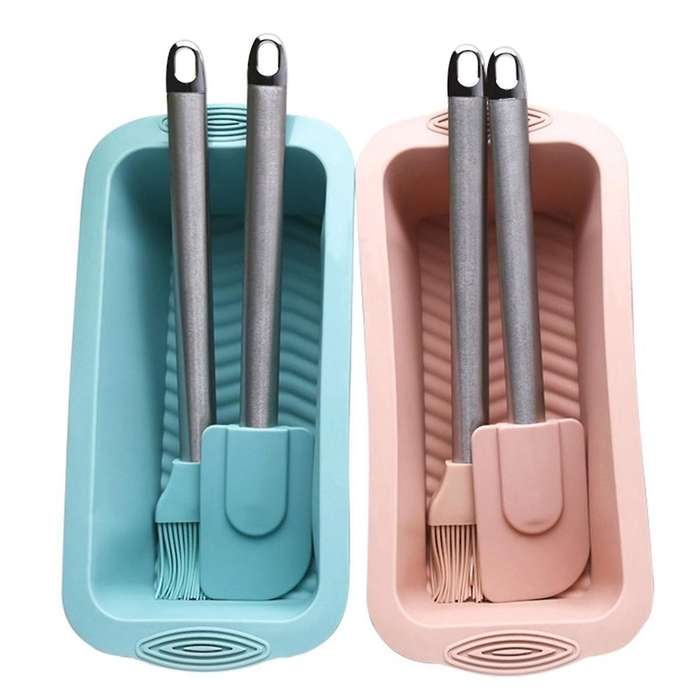 Silicone Bread Loaf Pan Cake Mold Baking 3-pcs Set Mold Stainless Steel Spatula Oil Brush Non-stick