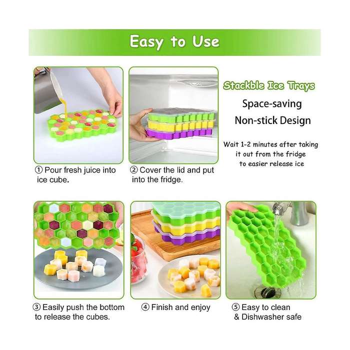 Silicone Ice Square Tray 3 Packs with Removable Lid, Easy Release Hexagonal Ice Square Mold, Stacka