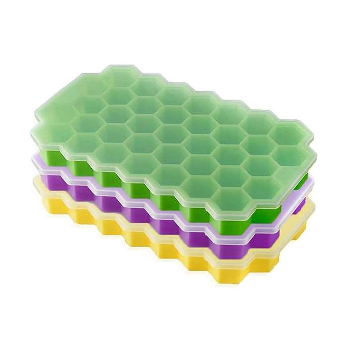 Silicone Ice Square Tray 3 Packs with Removable Lid, Easy Release Hexagonal Ice Square Mold, Stacka