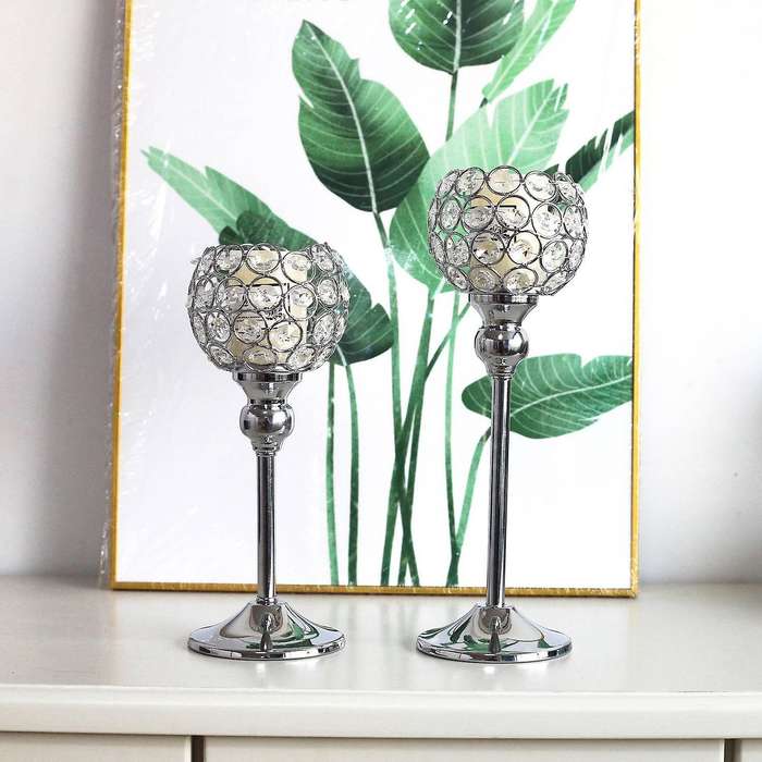 Silver Crystal Candle Holders Set of 2 Decorative Candlesticks Holder for Table Centerpiece Christma