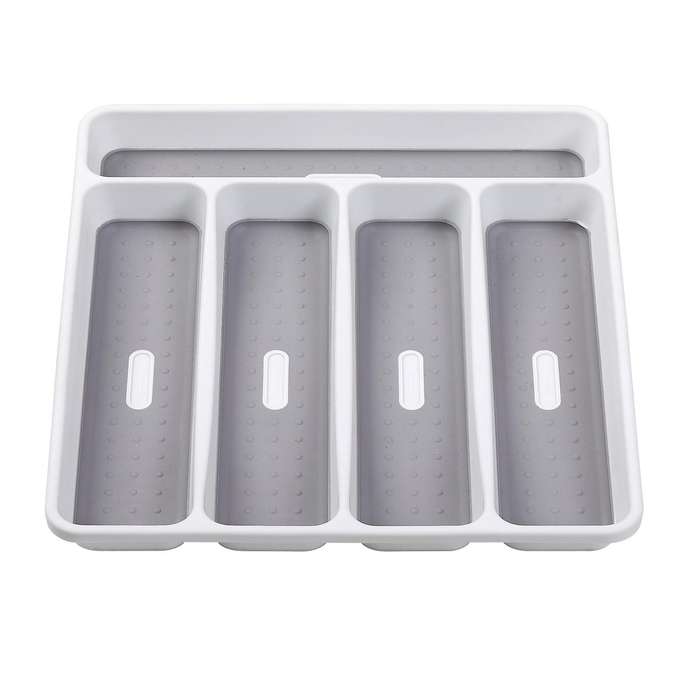 Silverware Tray for Drawer, Plastic Cutlery Tray Kitchen Drawer Organizer, 5 Compartment Flatware Cu