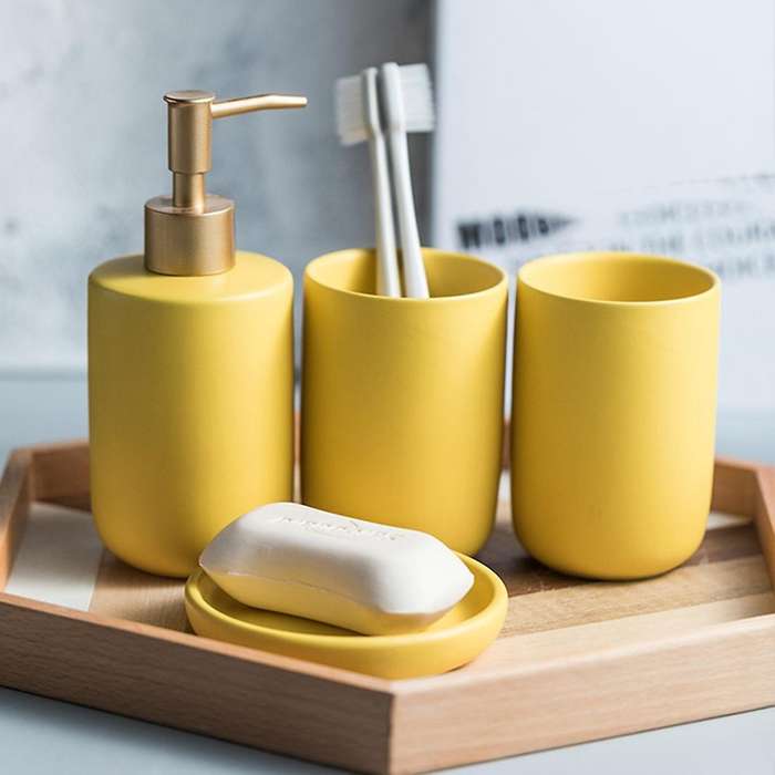 Simple Solid Color Ceramic Bathroom Four-Piece Wash Set Bathroom Mouthwash Cup Toothbrush Cup Set Bl