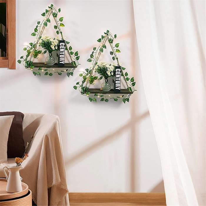 Simulated Green Plant Led Light Wooden Wall Hanging, Macrame Shelf for Bedroom Living Room Kitchen