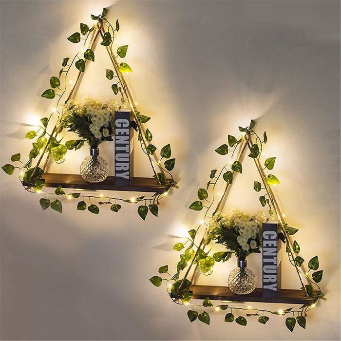 Simulated Green Plant Led Light Wooden Wall Hanging, Macrame Shelf for Bedroom Living Room Kitchen