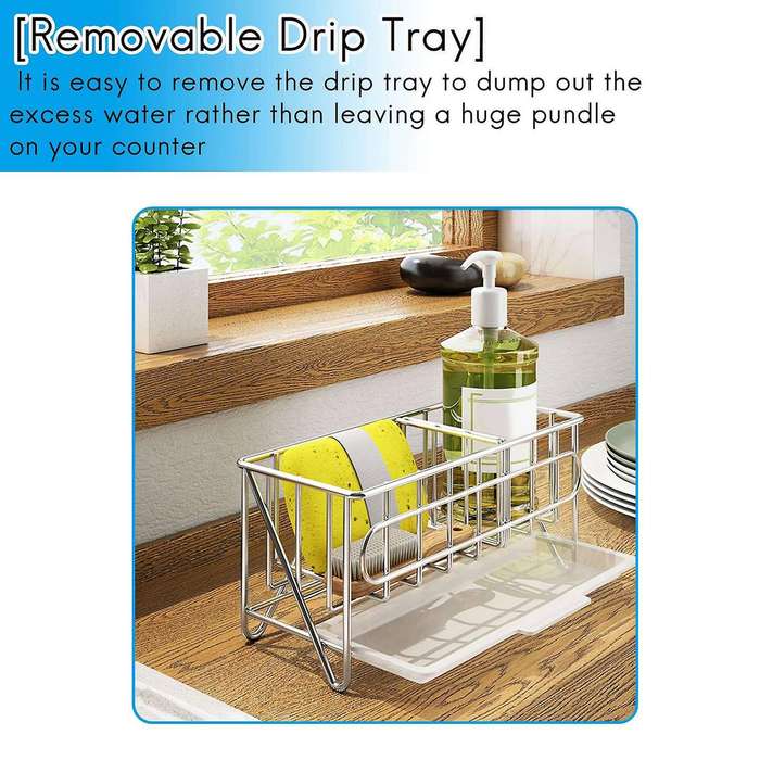 Sink Organizer Countertop Sponge Brush Soap Holder with Drain Pan Stainless Steel for Kitchen