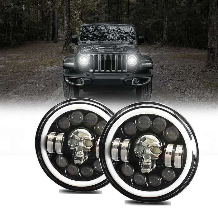 Skull Round Led Headlight,7inch Led Head Light Lamp Offroad Eyes for Wrangler Jk Tj Lj Cj Hummber H