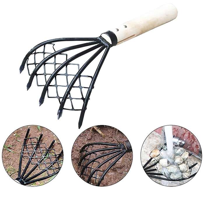 Small Nail Rake with Net Bag Small Rake Shell Digging Tool Sea Catching Small Wooden Rake Wooden Han
