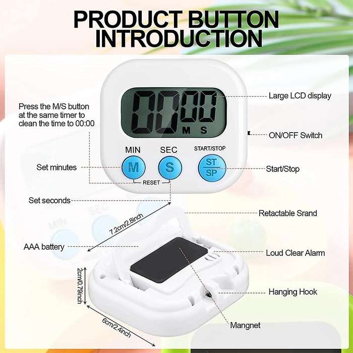 Small Kitchen Timer Timer with Loud Alarm Magnetic Display Timer LED Countdown Timer for Cooking Whi