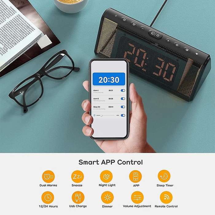 Smart Alarm Clock, Digital Alarm Clock with USB Speaker, Bedroom Alarm Clock, Dimmable Alarm Clock w