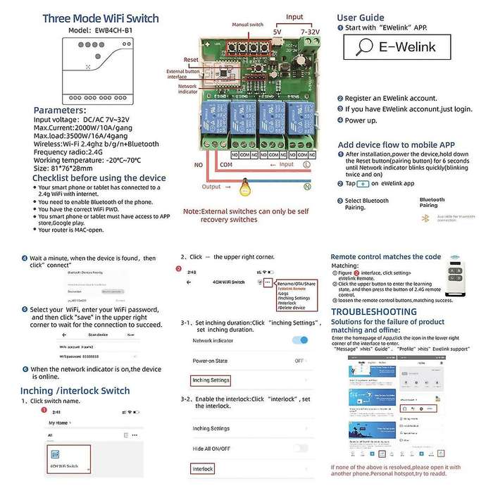 Smart WiFi Bluetooth Switch Relay Module 85-250V on Off Controller 4CH 2.4G WiFi Remote for Alexa Go