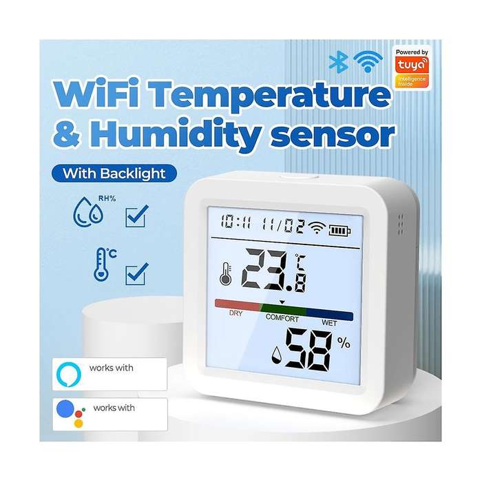 Smart WiFi Temperature and Humidity Sensor,Tuya Indoor Hygrometer Thermometer with LCD Display Backl