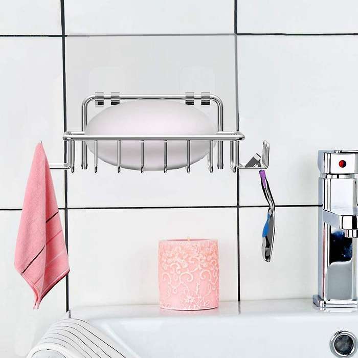 Soap Holder for Shower Wall with 4 Hooks, Stainless Steel Adhesive Soap Dish for Bathroom, Silver 1
