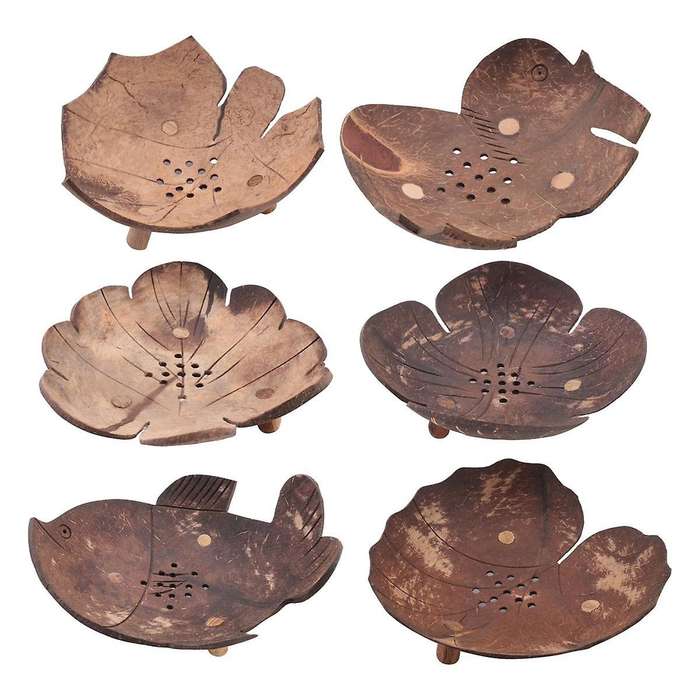 Soap Holder Wooden Coconut Bathroom Drain Soap Dish Cartoon Animal Soap Tray(6Pcs)