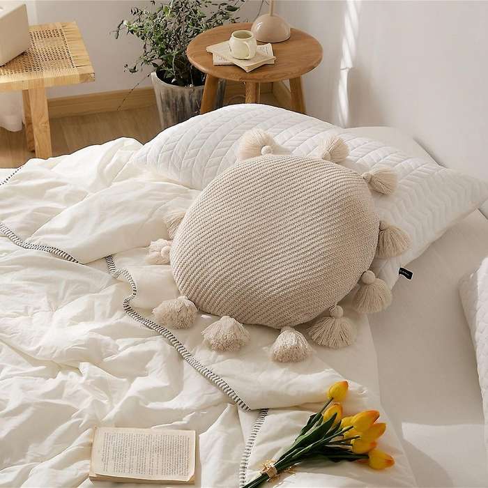 Soft Round Seat Cushion Kawaii Home Decor Cushion with Tassels for Car Sofa Chair Knitted Back Cushi