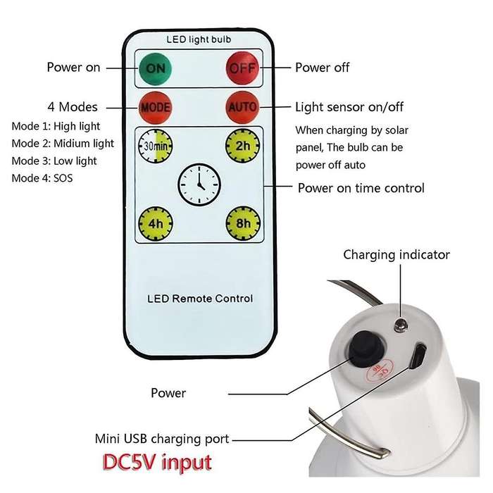 Solar Rechargeable Emergency Light Bulb Led Light Sensing Remote Control Camping Light