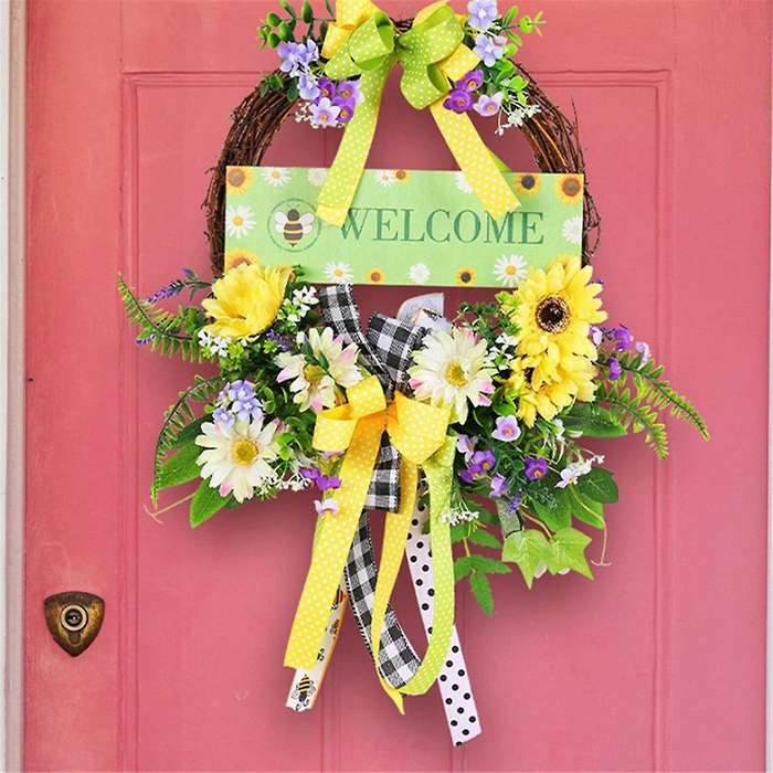 Spring Daisy Wreaths for Front Door, Artificial Spring Summer Door Wreaths with Bow Green Leaf, Farm