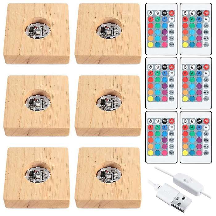 Square Wooden LED Night Light Base Dimmable Wood Lighted Display Lamp Base Stand with Remote Control