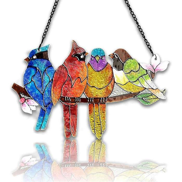 Stained Glass Window Hanging - Birds On A Branch Stain Glass Suncatcher, Double Side Glass Panel Win