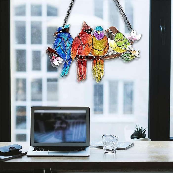 Stained Glass Window Hanging - Birds On A Branch Stain Glass Suncatcher, Double Side Glass Panel Win