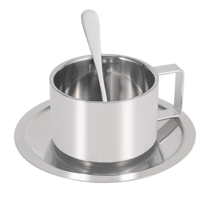 Stainless Steel Cappuccino Coffee Mug Cups Double Wall Insulated Coffee Tea Cup with Saucer Spoon S