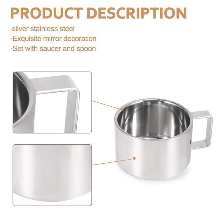Stainless Steel Cappuccino Coffee Mug Cups Double Wall Insulated Coffee Tea Cup with Saucer Spoon S