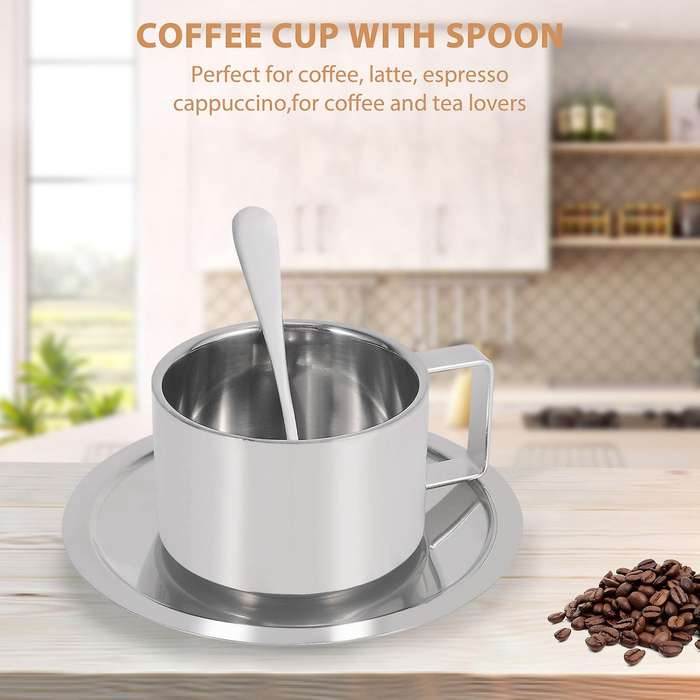 Stainless Steel Cappuccino Coffee Mug Cups Double Wall Insulated Coffee Tea Cup with Saucer Spoon S