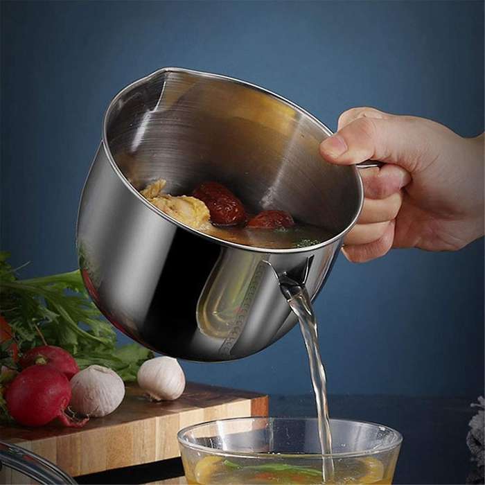 Stainless Steel Fat Separator 1L/4 Cup, Grease Separator with Strainer and Glass Lid, Soup Oil Separ