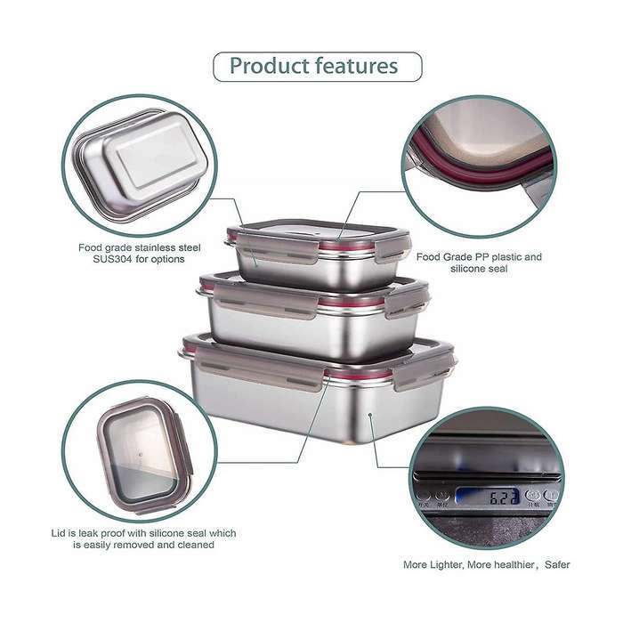 Stainless Steel Food Storage Containers, Food Grade Metal Food Boxes Lunch Bento Box Meal Prep Cont