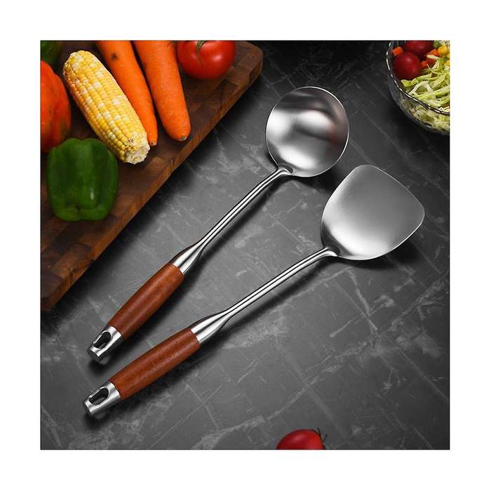 Stainless Steel Spatula for Carbon Steel, Stainless Steel Wok Spatula Metal, Wok Tools Set, Wooden H