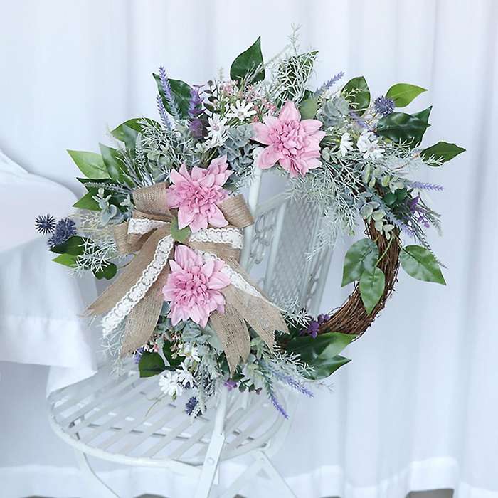 Summer Door Wreath, Artificial Spring Wreaths Pink & Lavender for Farmhouse Wedding Party Wall Decor