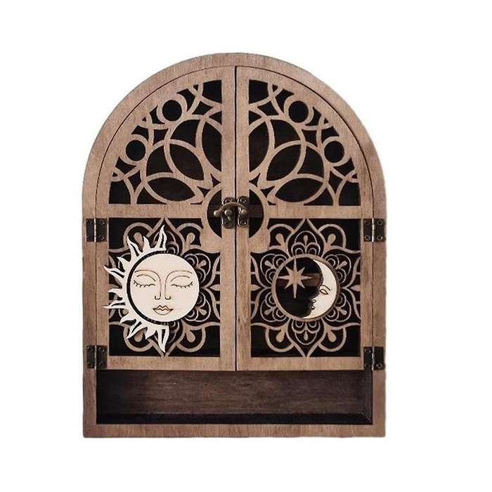 Sun Moon Crystal Display Stand 4 Shelves Natural Wooden Shelf Gothic Witchy Crystal Display Case for
