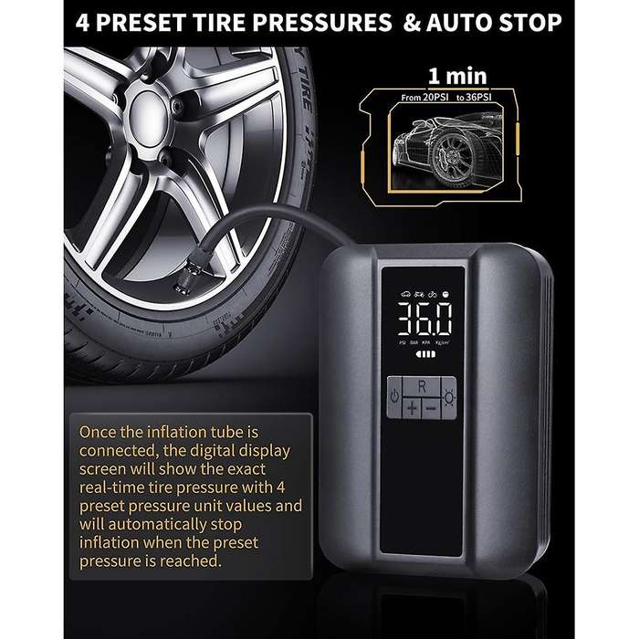 Tire Inflator Portable Air Compressor - Electric Tire Pump with Auto-Stop, Digital Pressure Gauge, L