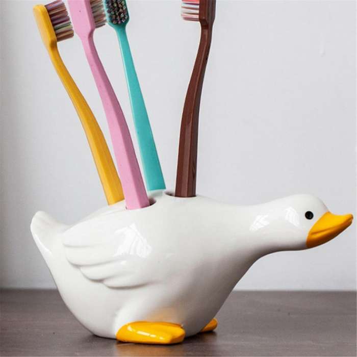 Toothbrush Holder, Duck 4 Holes Drainable Toothbrush Holder for Bathroom Storage White