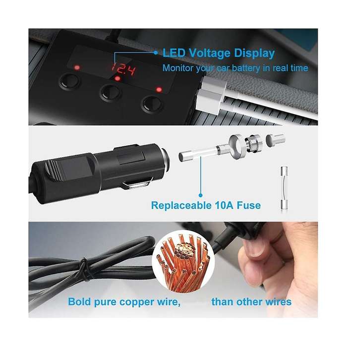 Tr12 Car Lighter Triple-evaporator with Switch Voltage Display 4 Usb Car Lighter 120w Charger,black+