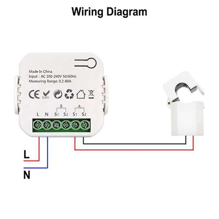 Tuya Smart WiFi Energy Meter 1 Channel with Current Sensor App Monitor Export and Import Power 80A A