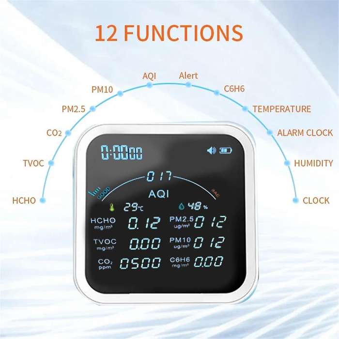Tuya Wifi Co2 Hcho H6c6 Tvoc Pm2.5 Pm10 Meter Thermometer Hygrometer Clock Alarm Air Pollution Monit