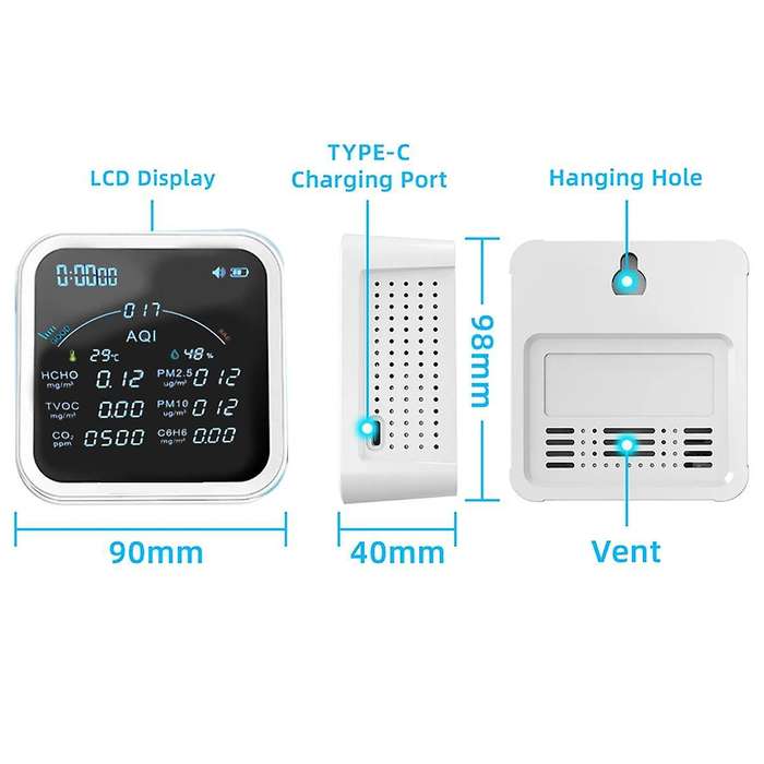 Tuya Wifi Co2 Hcho H6c6 Tvoc Pm2.5 Pm10 Meter Thermometer Hygrometer Clock Alarm Air Pollution Monit
