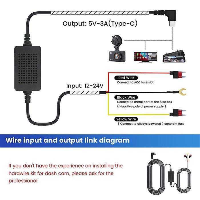Universal 3.5M Car Dash CAM Wire 12/24V to 5V 3A Vehicle DVR Hardwire Cable Kit Video Camera Record