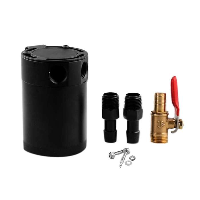 Universal Aluminum Alloy 2-Port Oil Catch Can+Oil Drain Valve, 1 Inlet 1 Outlet-Black