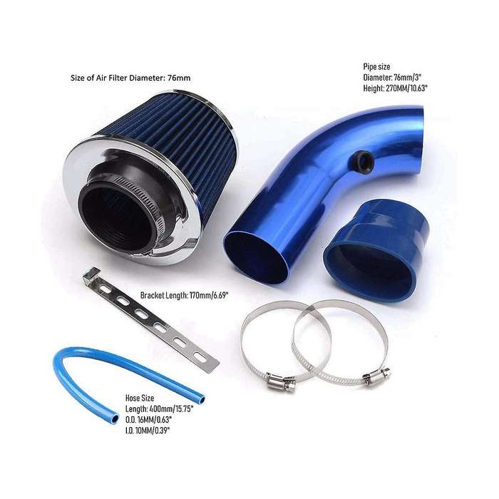 Universal Car Cool Air Kit 3inch Pipe Automotive Filter Induction Low Hose and Clamp Kits ,blue