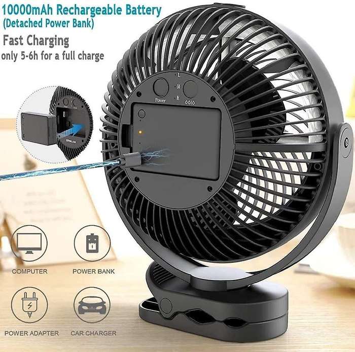 USB Desk Fan Water Cooling Fan 10000MAh Rechargeable Portable Clip on Fan for Office Desk Golf Car O