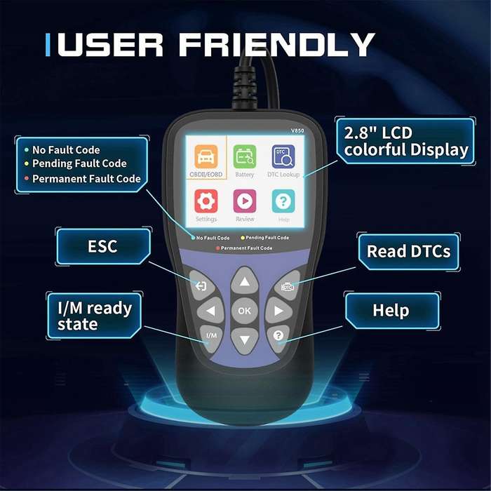 V850 Fault Code Reader Full OBD2 Function Auto Diagnostic Tool,Battery Monitor Multi-Languages
