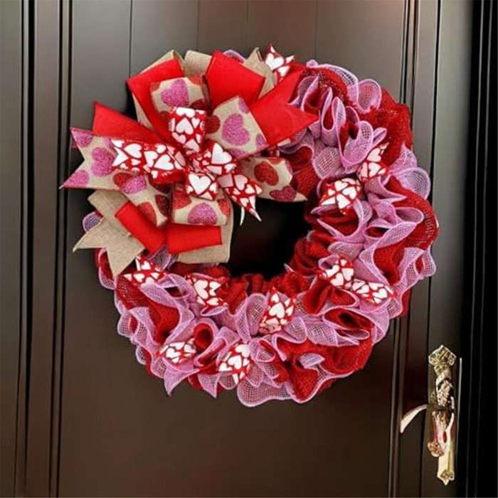 Valentine's Day Fabric Wreath, Artificial Spring Wreaths with Bows Garland Decoration for Holiday Fe
